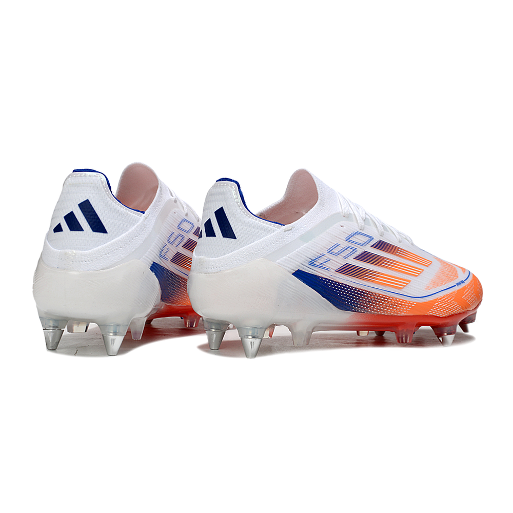 Chuteira Campo Adidas F50 Ponta de Aluminio Branco, Laranja e Azul