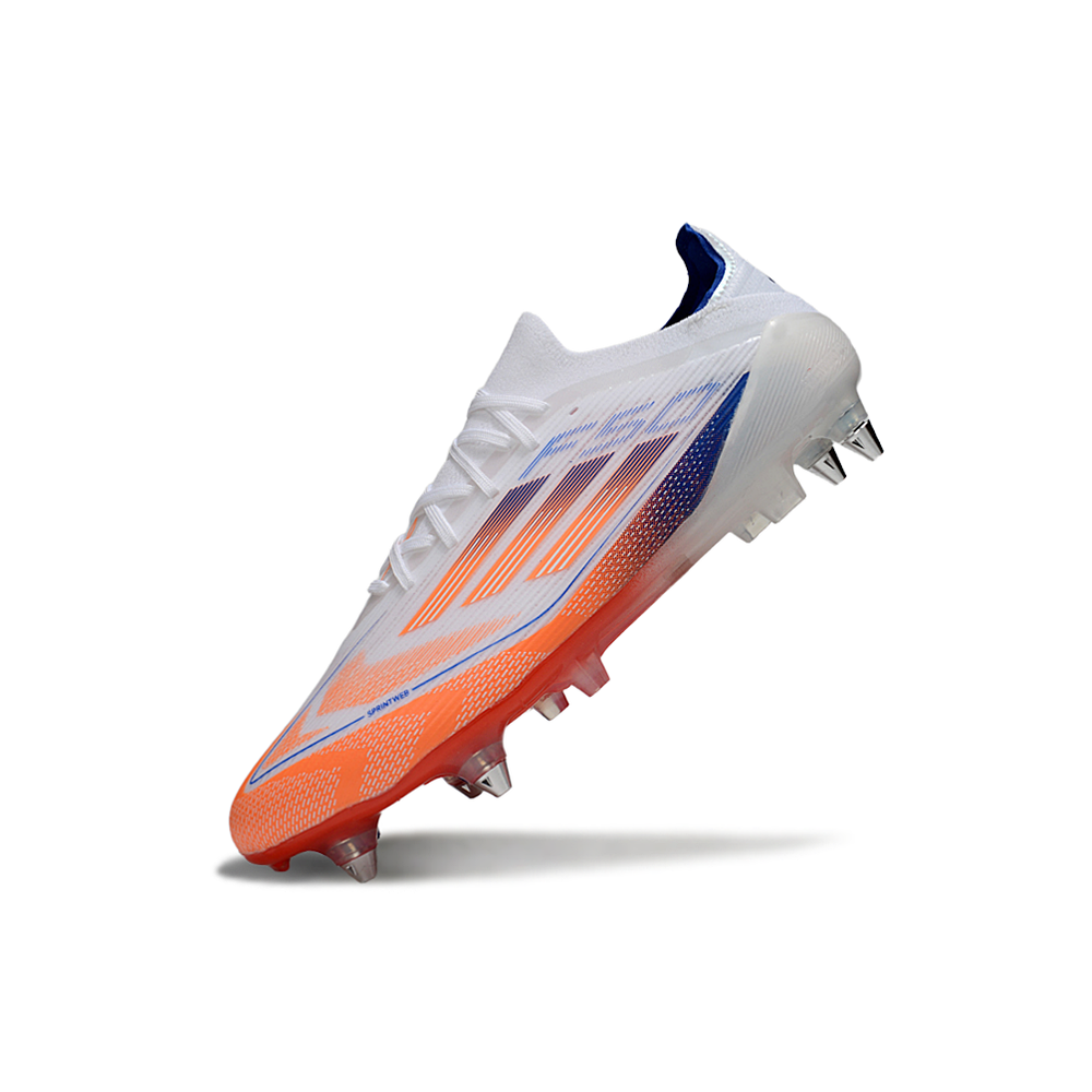 Chuteira Campo Adidas F50 Ponta de Aluminio Branco, Laranja e Azul