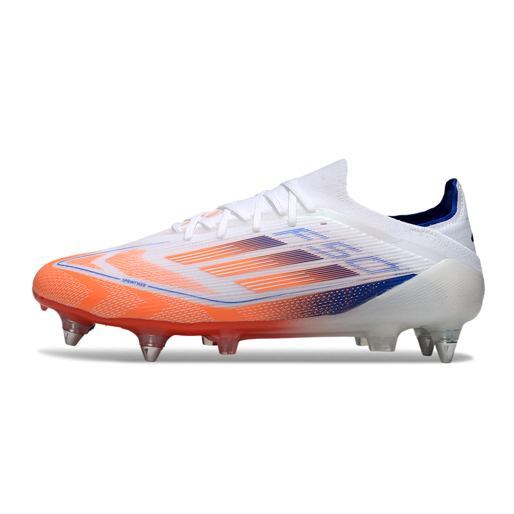 Chuteira Campo Adidas F50 Ponta de Aluminio Branco, Laranja e Azul