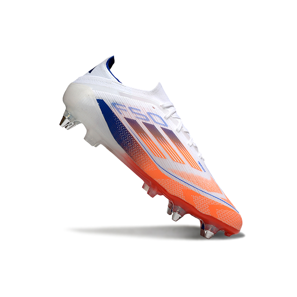 Chuteira Campo Adidas F50 Ponta de Aluminio Branco, Laranja e Azul