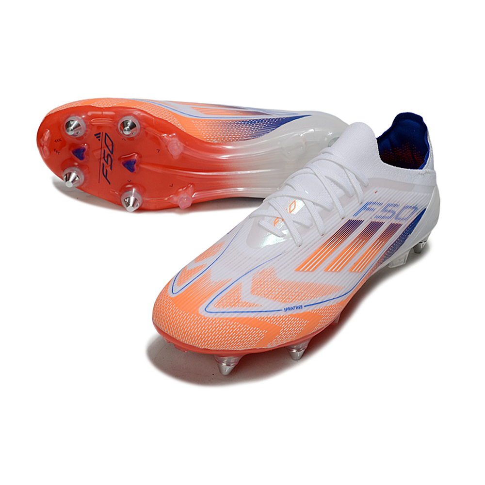 Chuteira Campo Adidas F50 Ponta de Aluminio Branco, Laranja e Azul