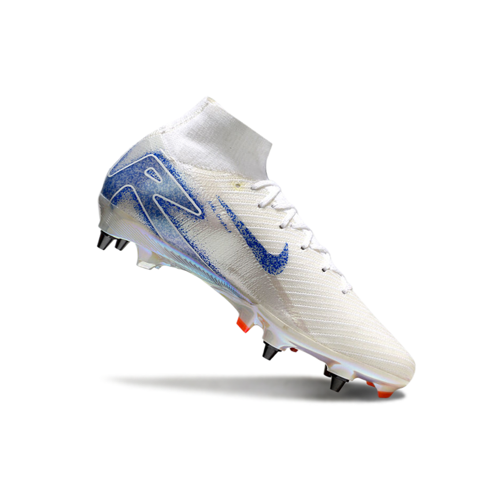 Chuteira Campo Nike Air Zoom Mercurial Superfly 10 Elite Trava Mista Branca, Azul e Laranja 