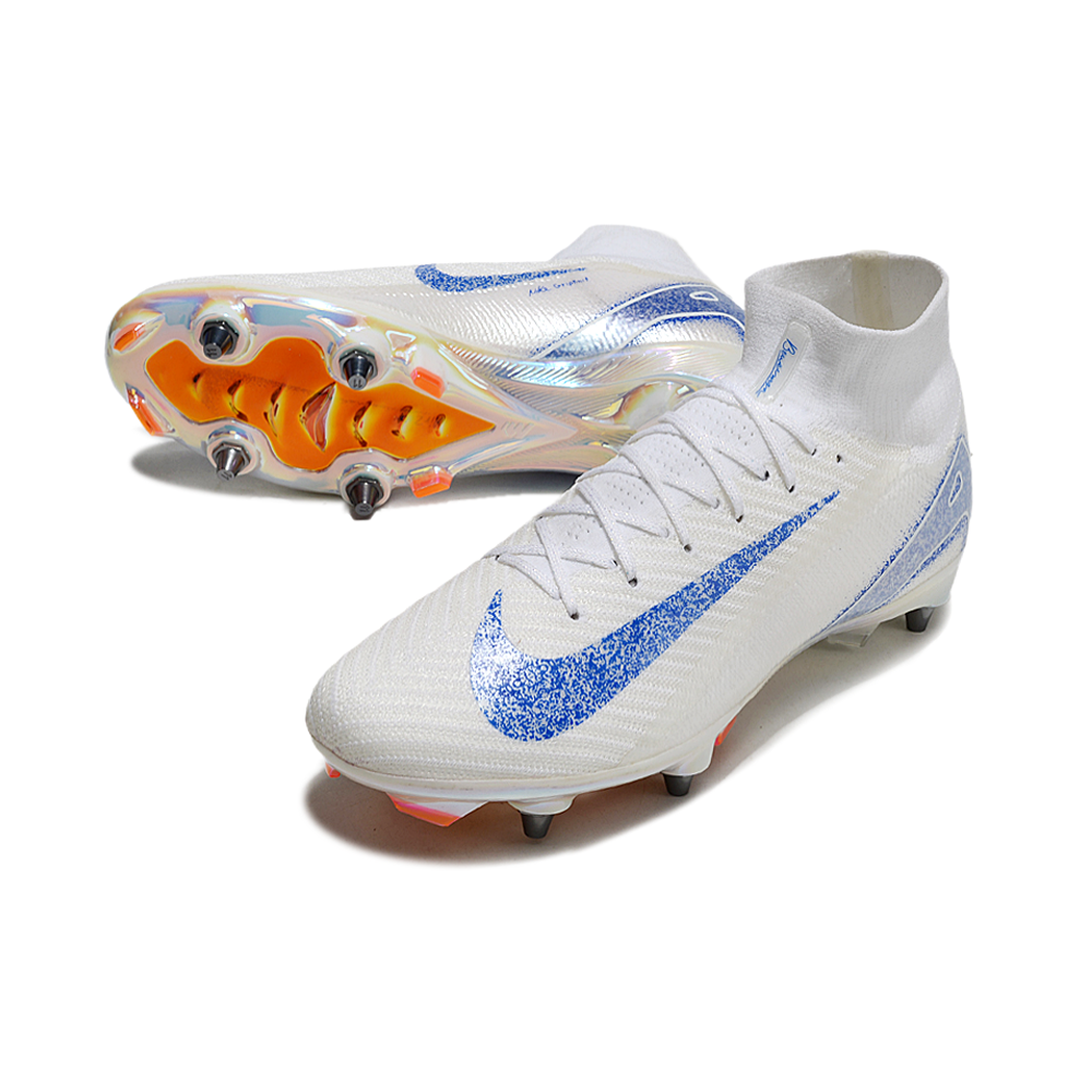 Chuteira Campo Nike Air Zoom Mercurial Superfly 10 Elite Trava Mista Branca, Azul e Laranja 
