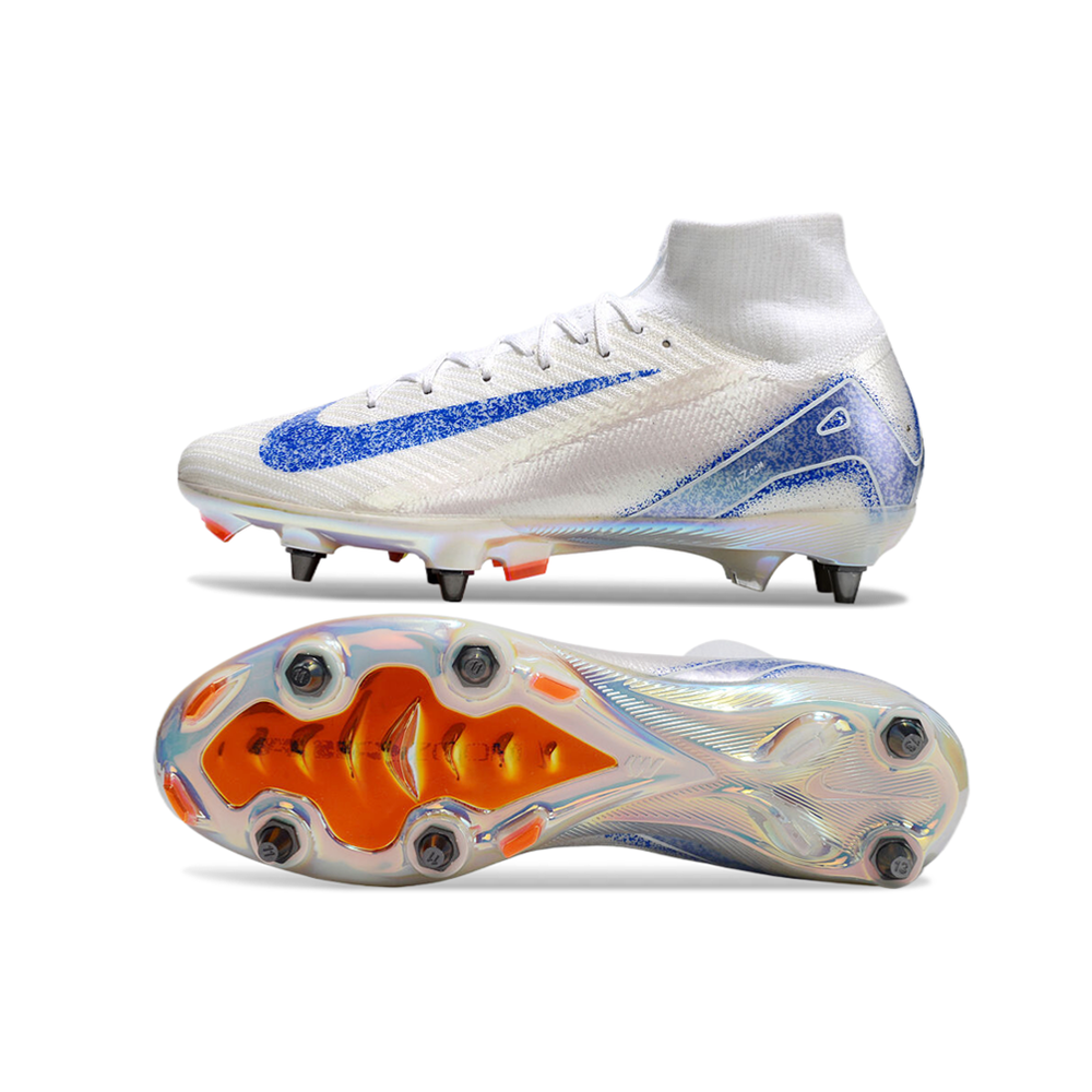 Chuteira Campo Nike Air Zoom Mercurial Superfly 10 Elite Trava Mista Branca, Azul e Laranja 