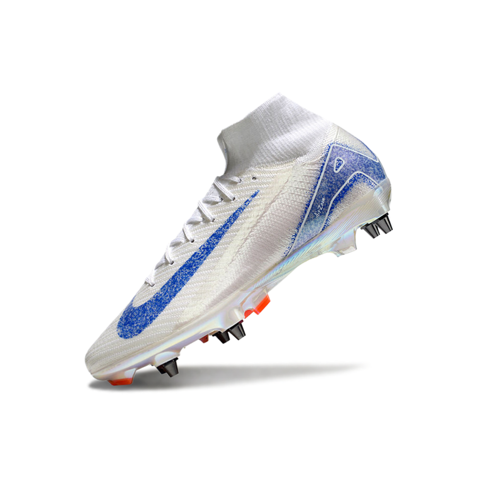 Chuteira Campo Nike Air Zoom Mercurial Superfly 10 Elite Trava Mista Branca, Azul e Laranja 