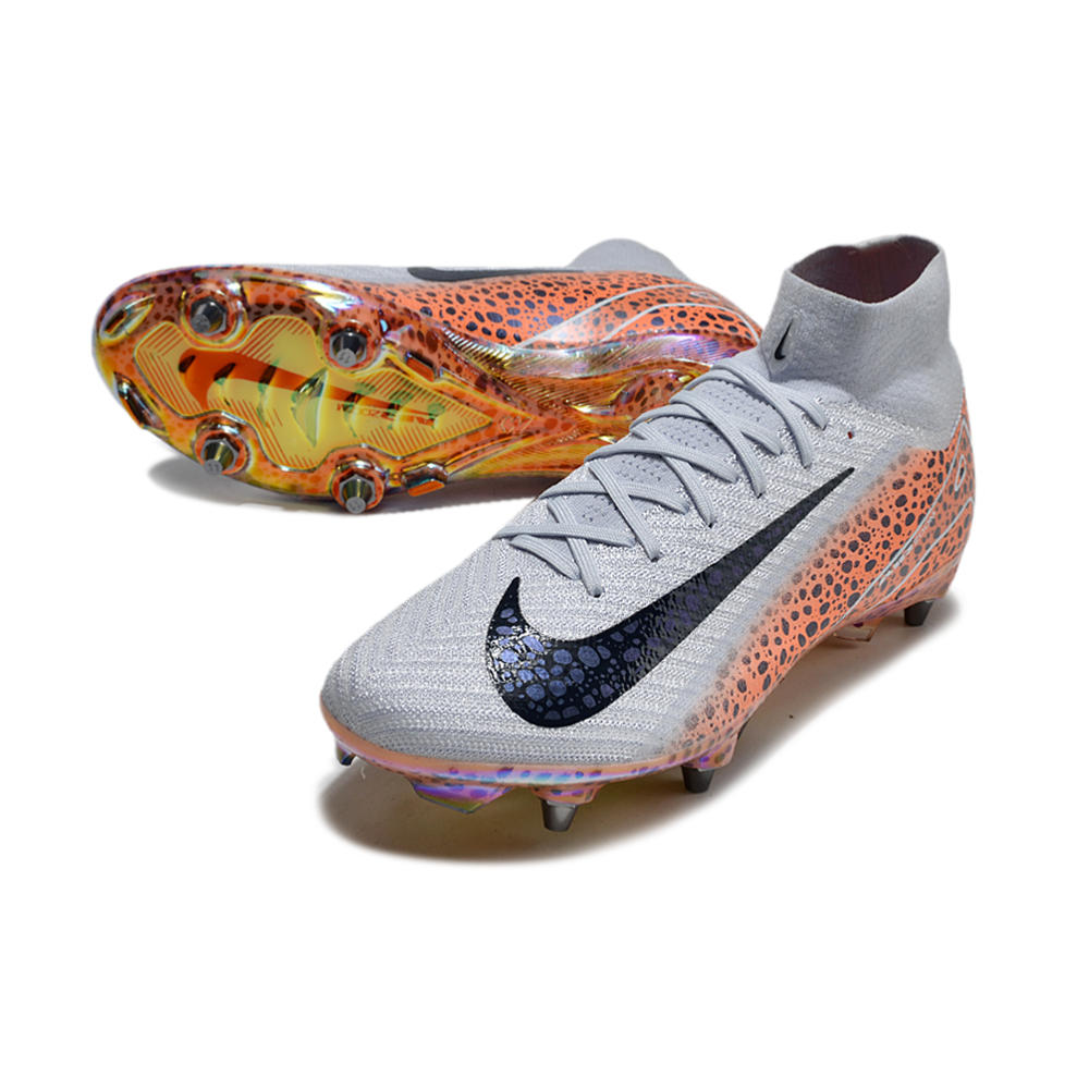 Chuteira Campo Nike Air Zoom Mercurial Superfly 10 Elite Trava Mista Branca, Laranja e Preto 