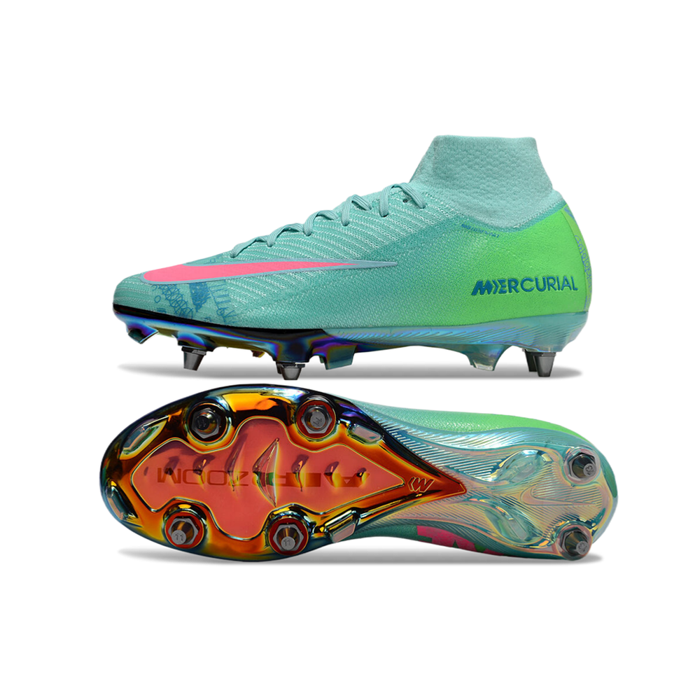 Chuteira Campo Nike Air Zoom Mercurial Superfly 10 Elite Trava Mista Verde e Rosa 