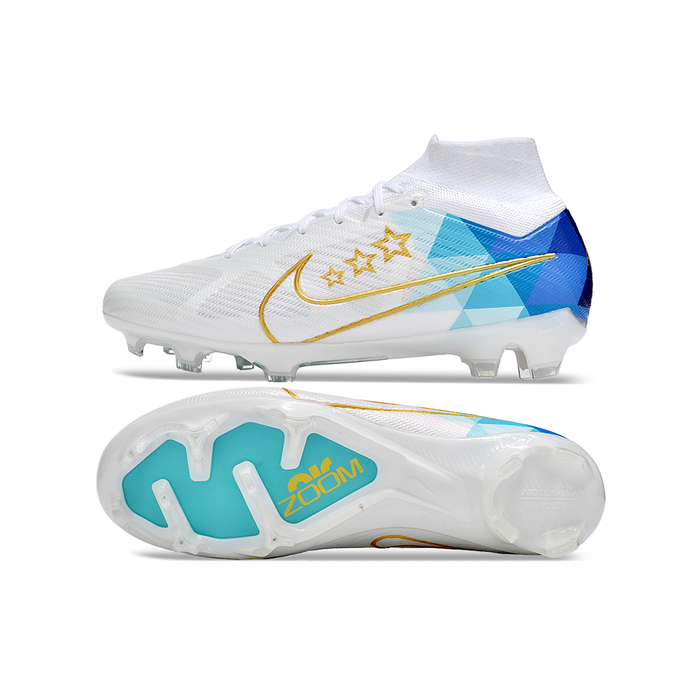 Chuteira Campo Nike Air Zoom Mercurial Superfly 9 Elite FG Branca e Azul 