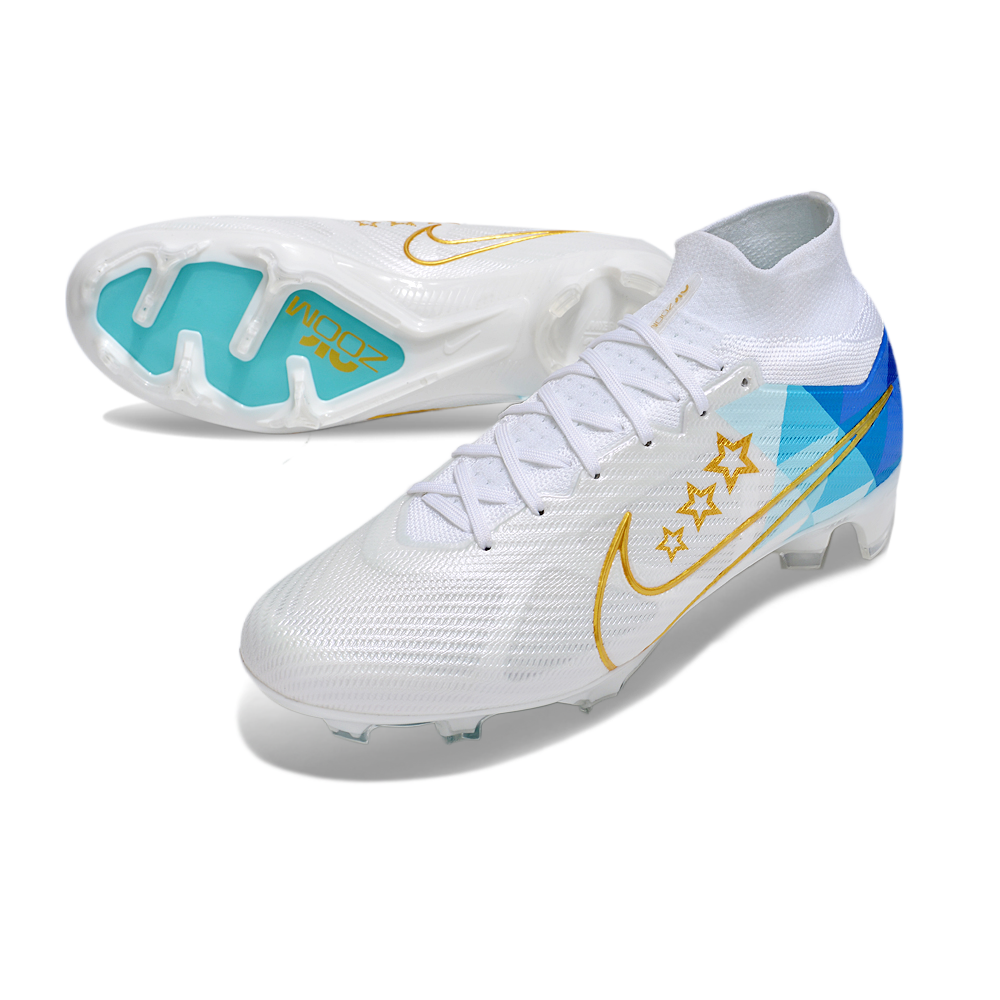 Chuteira Campo Nike Air Zoom Mercurial Superfly 9 Elite FG Branca e Azul 