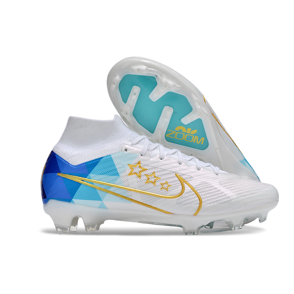 Chuteira Campo Nike Air Zoom Mercurial Superfly 9 Elite FG Branca e Azul 
