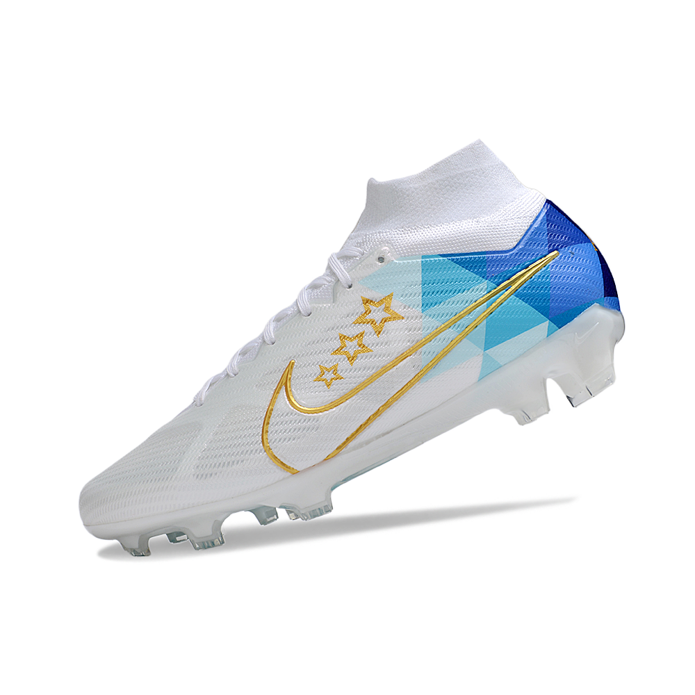 Chuteira Campo Nike Air Zoom Mercurial Superfly 9 Elite FG Branca e Azul 