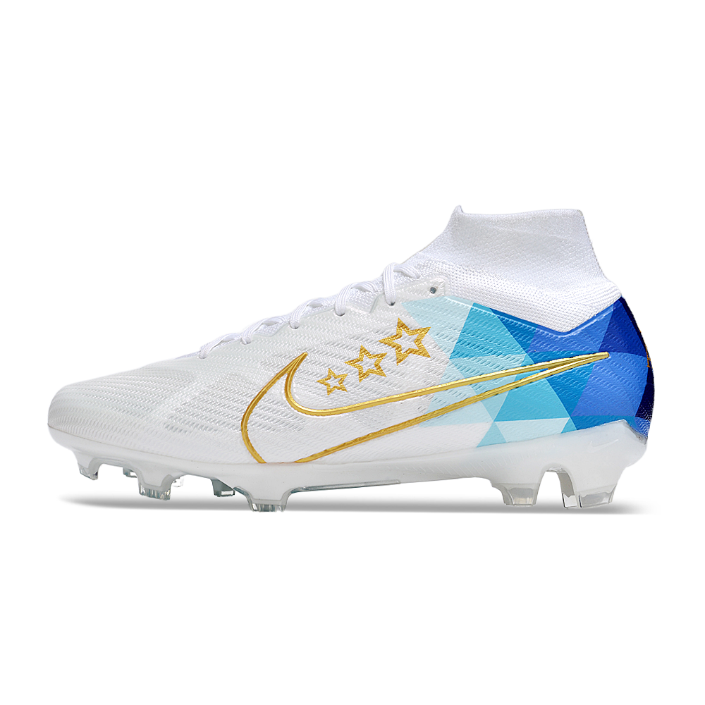 Chuteira Campo Nike Air Zoom Mercurial Superfly 9 Elite FG Branca e Azul 