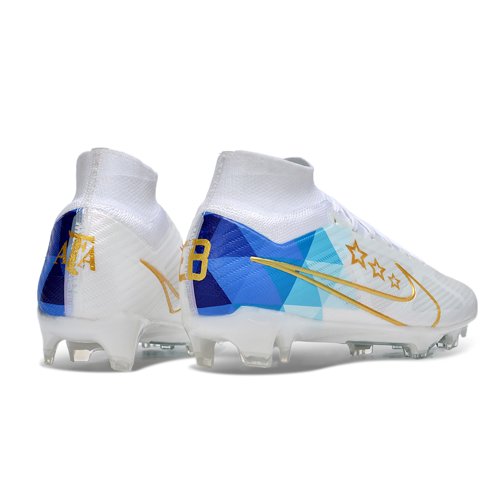 Chuteira Campo Nike Air Zoom Mercurial Superfly 9 Elite FG Branca e Azul 