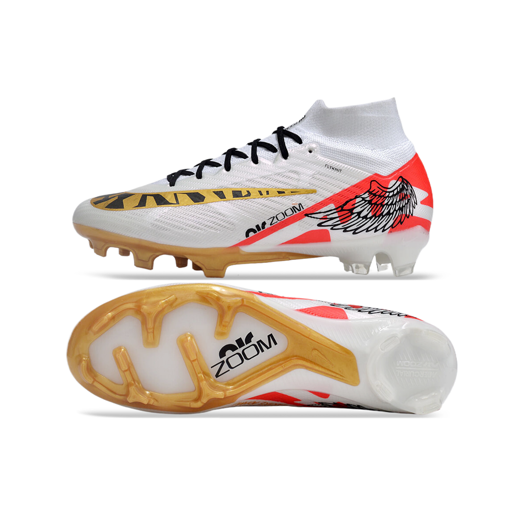 Chuteira Campo Nike Air Zoom Mercurial Superfly 9 Elite FG Branca e Dourada