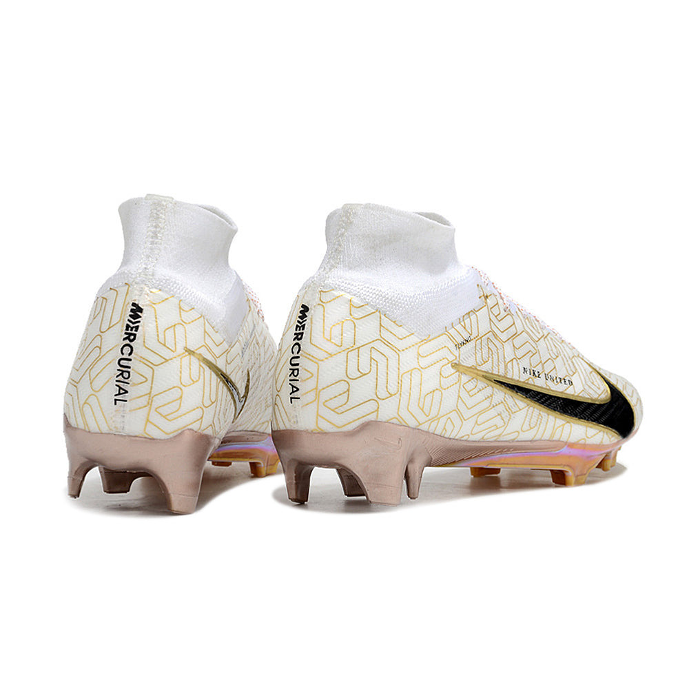 Chuteira Campo Nike Air Zoom Mercurial Superfly 9 Elite FG Branca e Dourada 