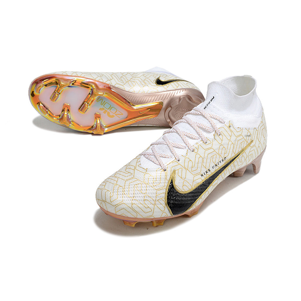 Chuteira Campo Nike Air Zoom Mercurial Superfly 9 Elite FG Branca e Dourada 