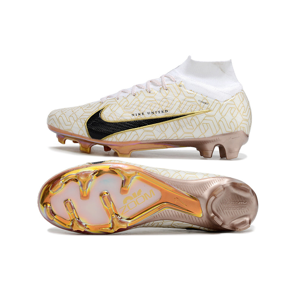 Chuteira Campo Nike Air Zoom Mercurial Superfly 9 Elite FG Branca e Dourada 