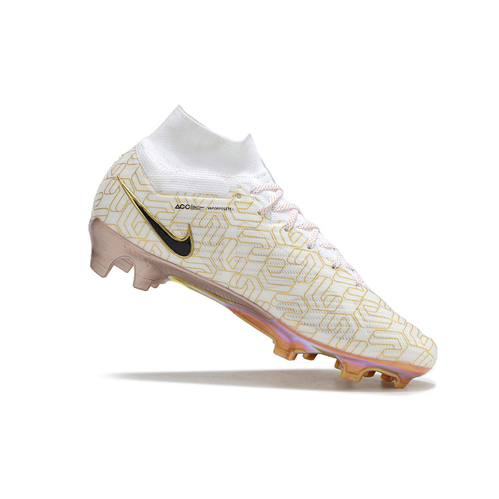 Chuteira Campo Nike Air Zoom Mercurial Superfly 9 Elite FG Branca e Dourada 