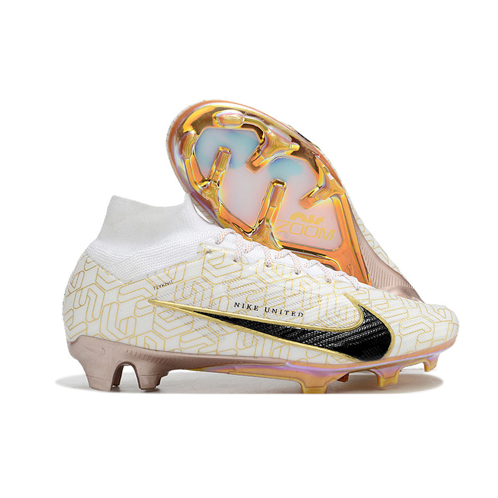 Chuteira Campo Nike Air Zoom Mercurial Superfly 9 Elite FG Branca e Dourada 