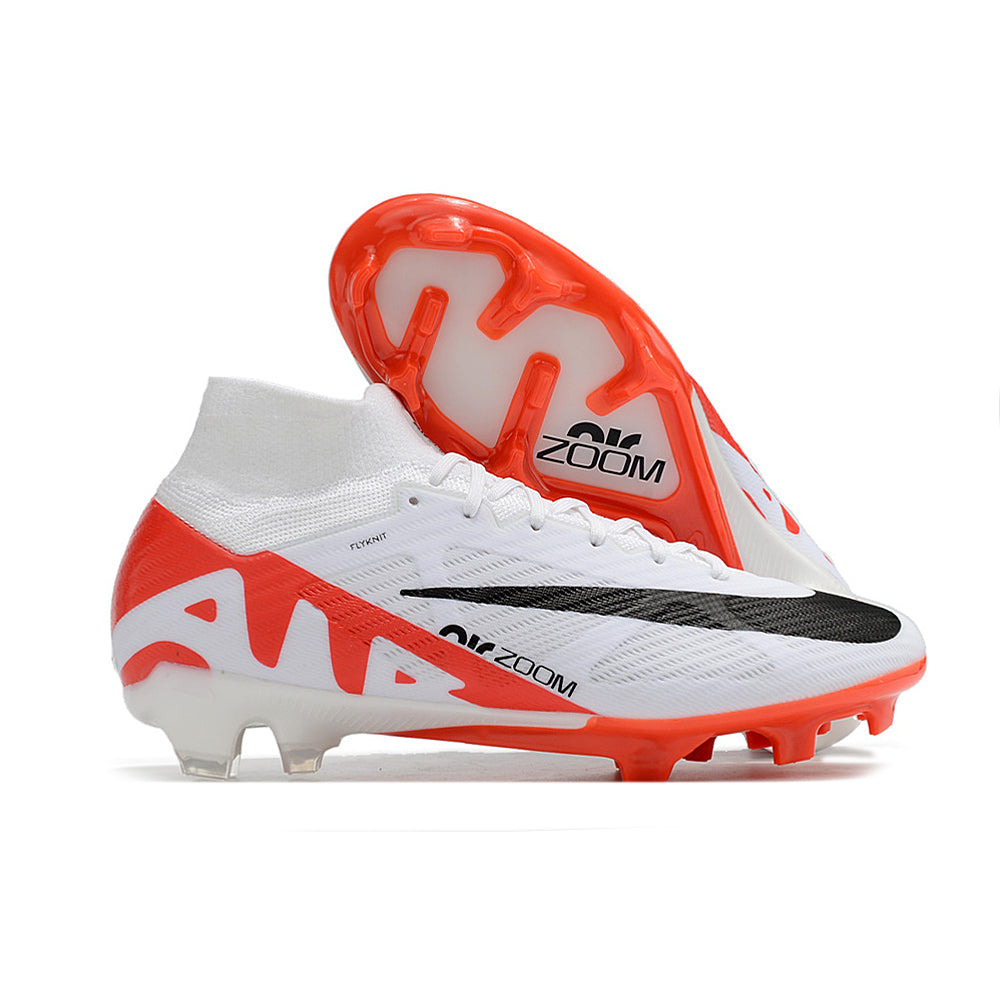 Chuteira Campo Nike Air Zoom Mercurial Superfly 9 Elite FG Branca e Laranja 