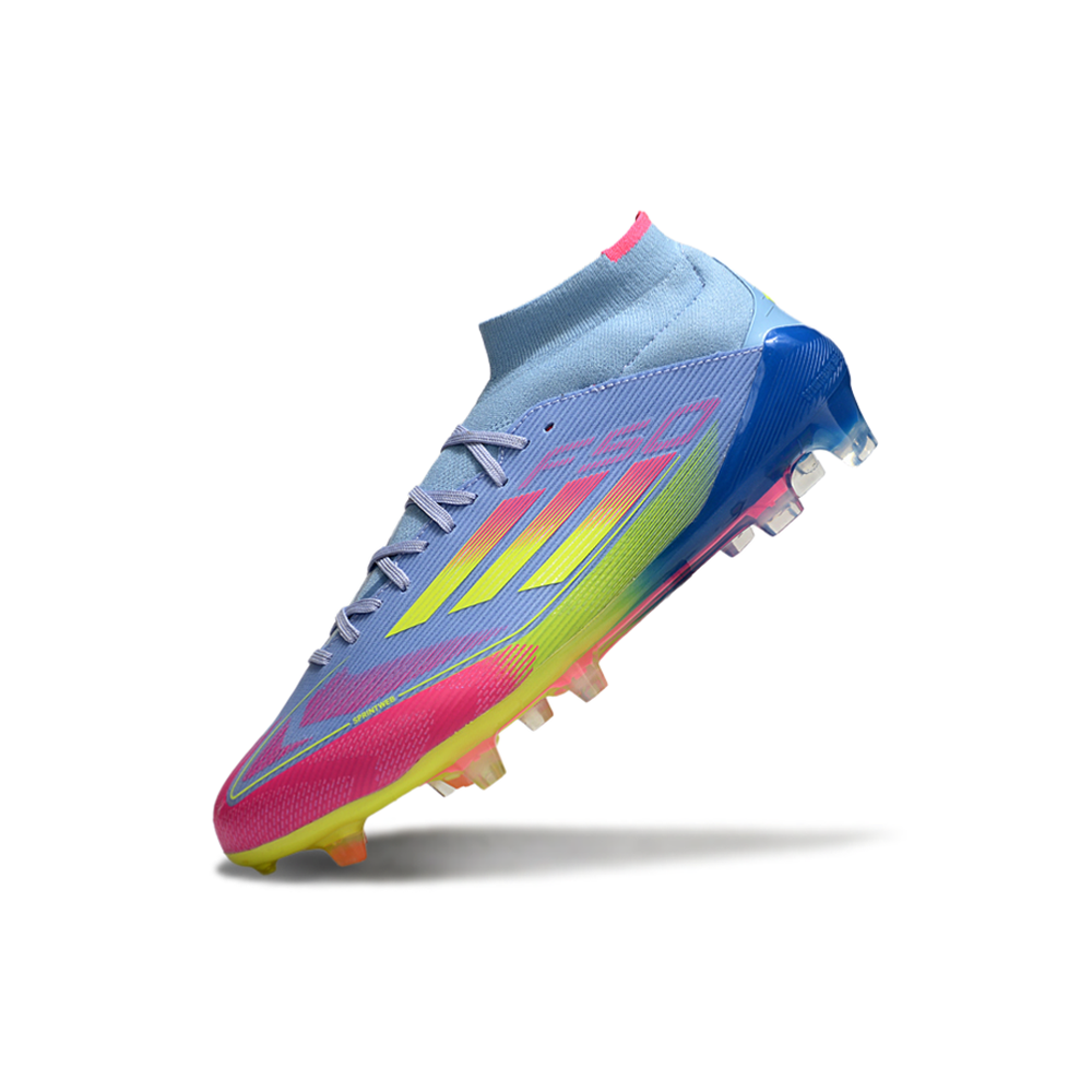 Chuteira Campo Adidas F50 Cano Médio FG Azul e Rosa 