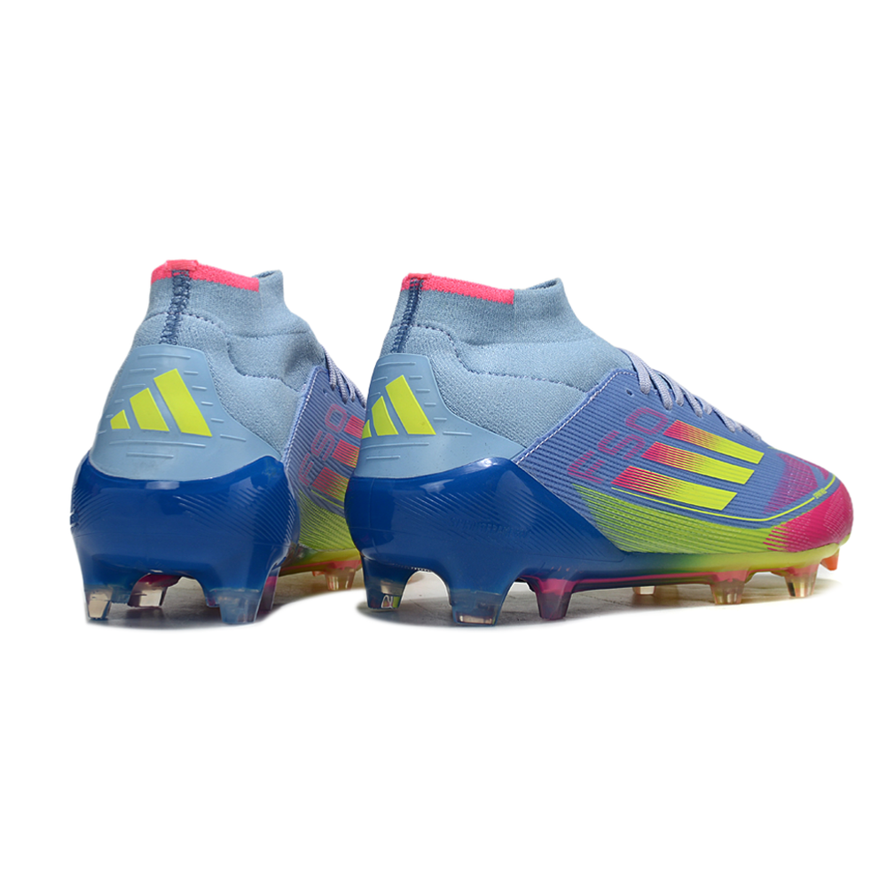 Chuteira Campo Adidas F50 Cano Médio FG Azul e Rosa 