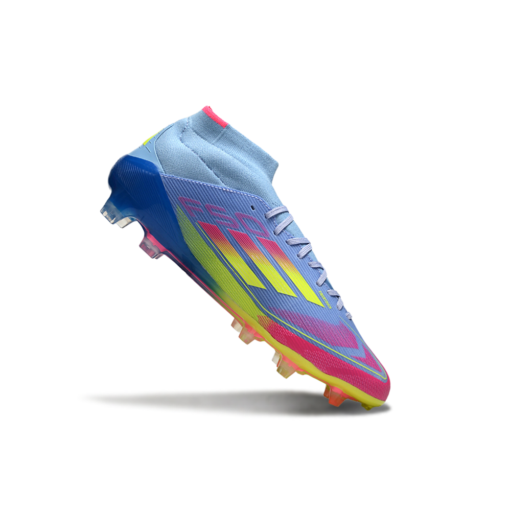 Chuteira Campo Adidas F50 Cano Médio FG Azul e Rosa 
