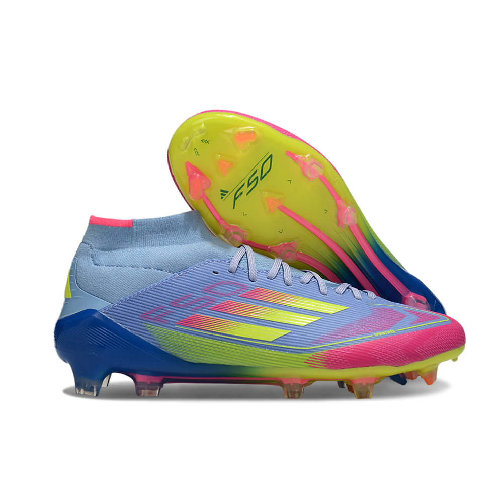 Chuteira Campo Adidas F50 Cano Médio FG Azul e Rosa 
