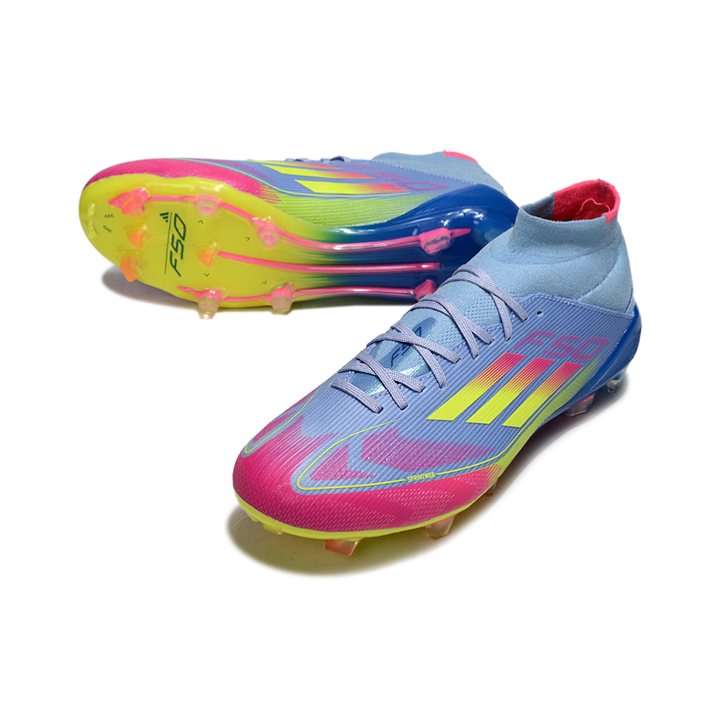 Chuteira Campo Adidas F50 Cano Médio FG Azul e Rosa 
