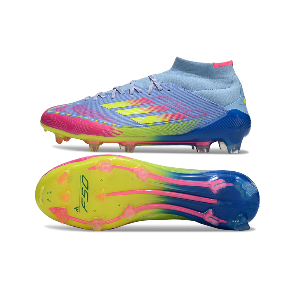 Chuteira Campo Adidas F50 Cano Médio FG Azul e Rosa 