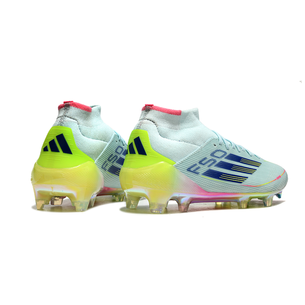 Chuteira Campo Adidas F50 Cano Médio FG Azul, Rosa e Amarelo 