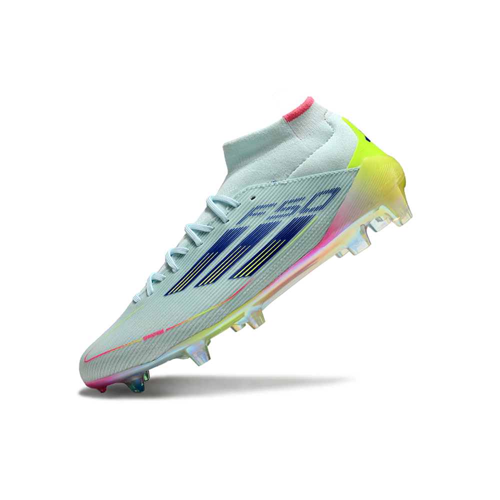 Chuteira Campo Adidas F50 Cano Médio FG Azul, Rosa e Amarelo 