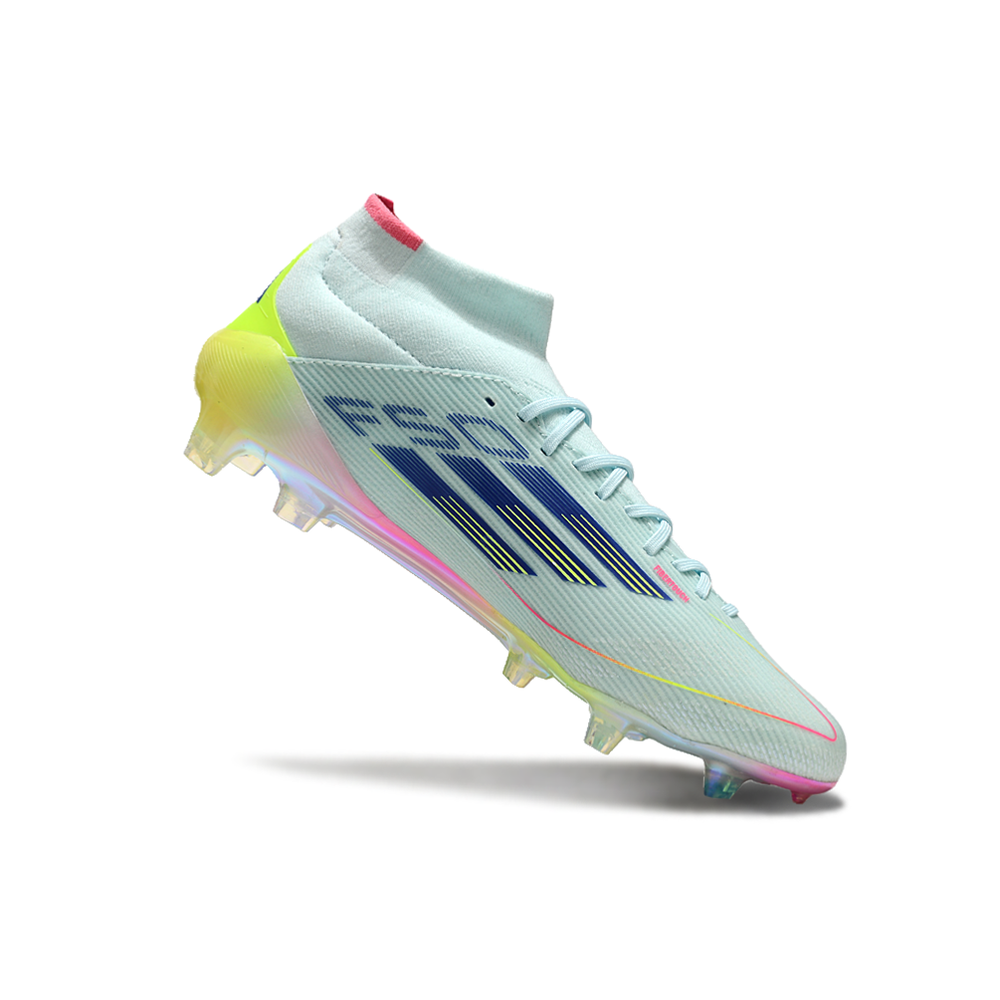 Chuteira Campo Adidas F50 Cano Médio FG Azul, Rosa e Amarelo 