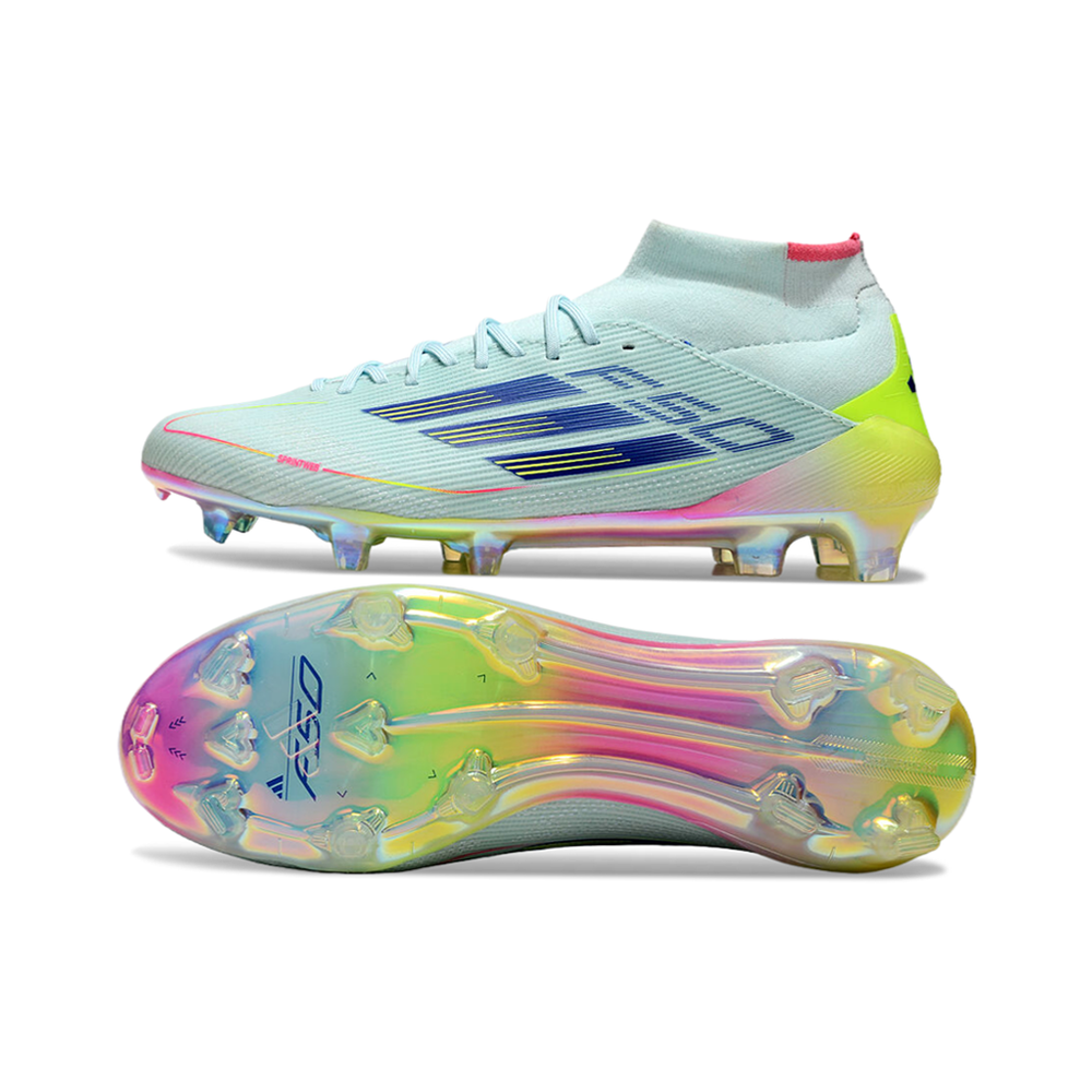 Chuteira Campo Adidas F50 Cano Médio FG Azul, Rosa e Amarelo 