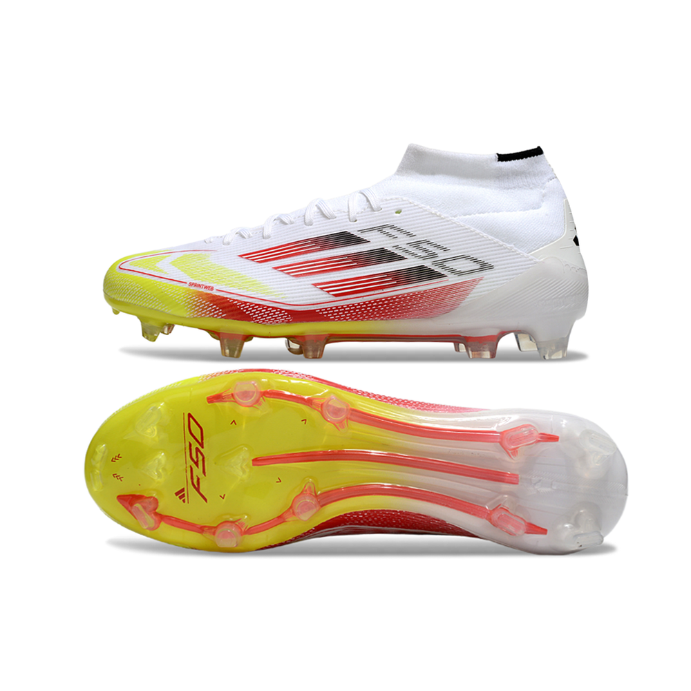 Chuteira Campo Adidas F50 Cano Médio FG Branca e Laranja