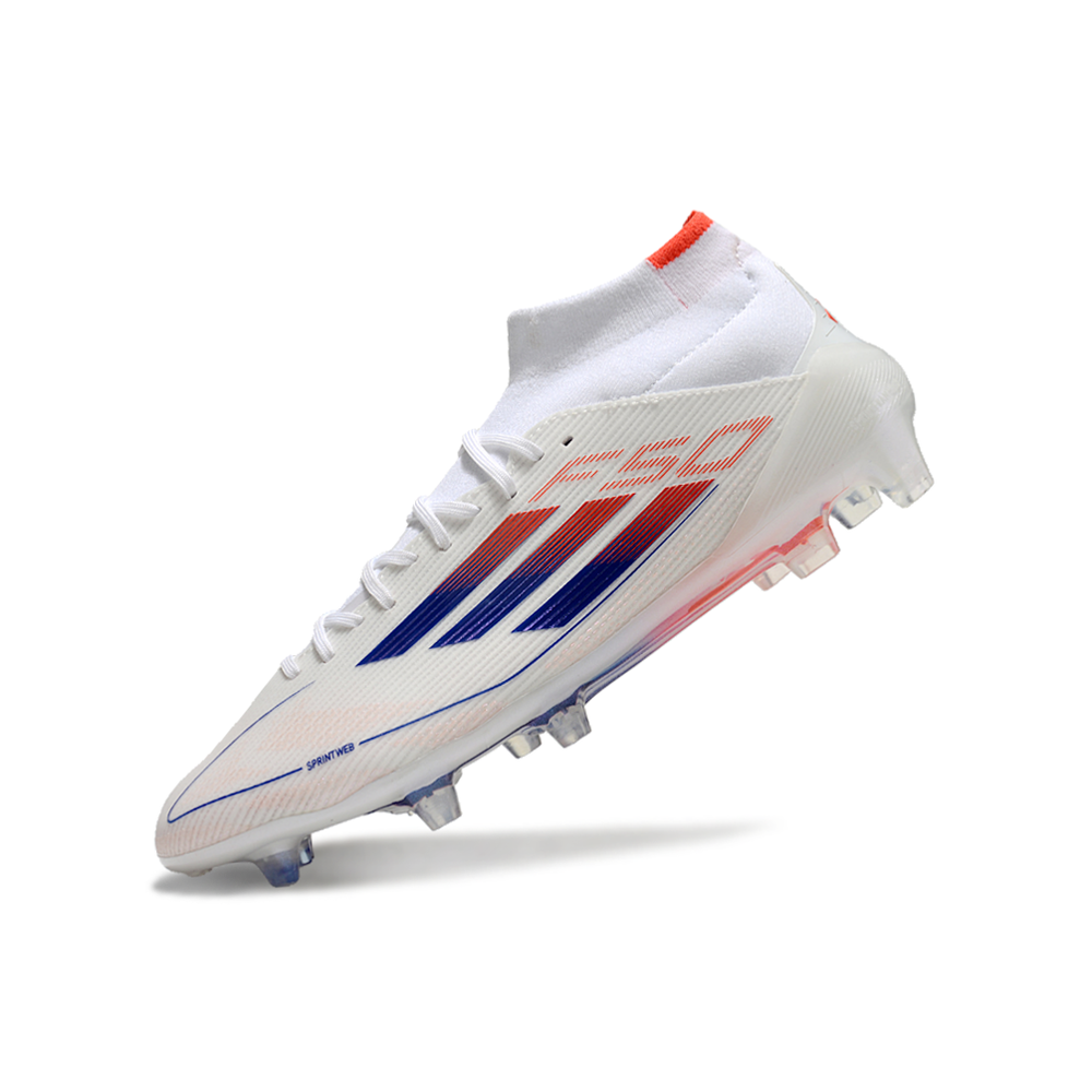 Chuteira Campo Adidas F50 Cano Médio FG Branca, Azul e Laranja 