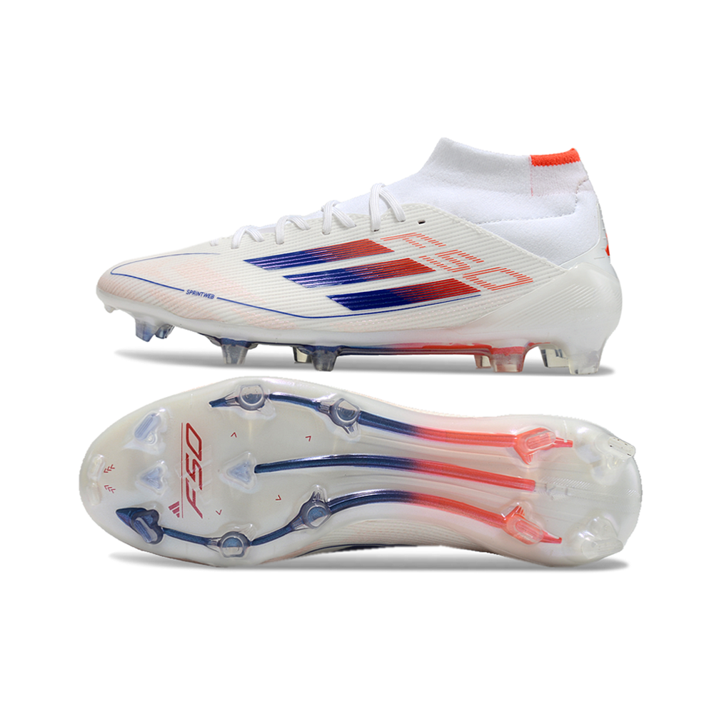 Chuteira Campo Adidas F50 Cano Médio FG Branca, Azul e Laranja 
