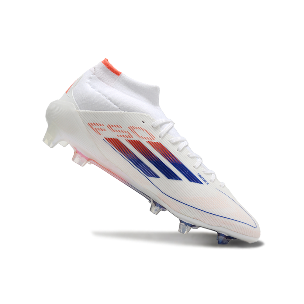 Chuteira Campo Adidas F50 Cano Médio FG Branca, Azul e Laranja 