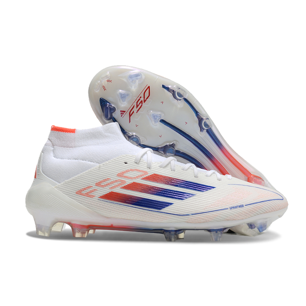Chuteira Campo Adidas F50 Cano Médio FG Branca, Azul e Laranja 