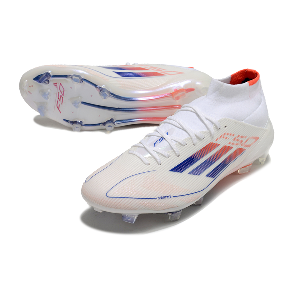 Chuteira Campo Adidas F50 Cano Médio FG Branca, Azul e Laranja 