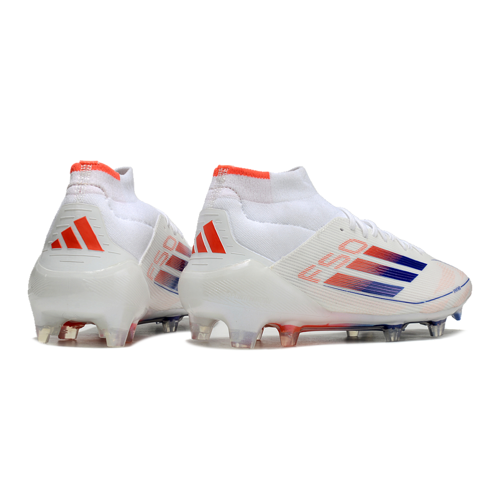 Chuteira Campo Adidas F50 Cano Médio FG Branca, Azul e Laranja 