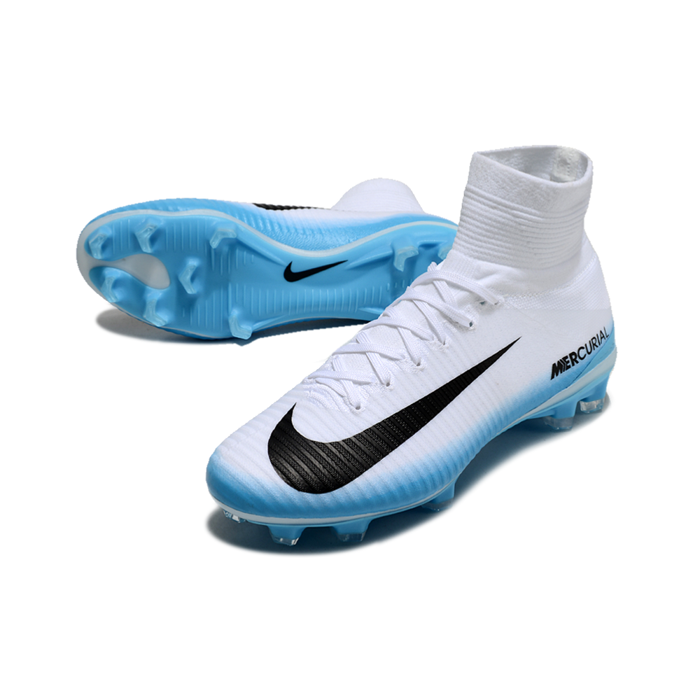 Chuteira Campo Nike Retrô Mercurial Superfly 5 FG Branca e Azul