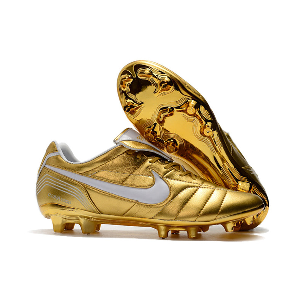 Chuteira Campo Nike Retrô Tiempo Legend 7 Elite FG Dourado e Branco R10
