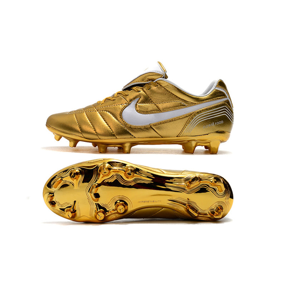 Chuteira Campo Nike Retrô Tiempo Legend 7 Elite FG Dourado e Branco R10