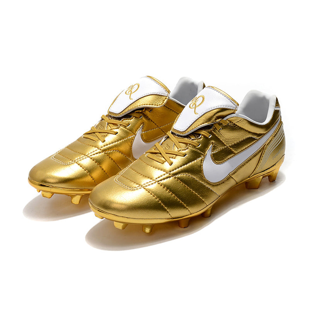 Chuteira Campo Nike Retrô Tiempo Legend 7 Elite FG Dourado e Branco R10