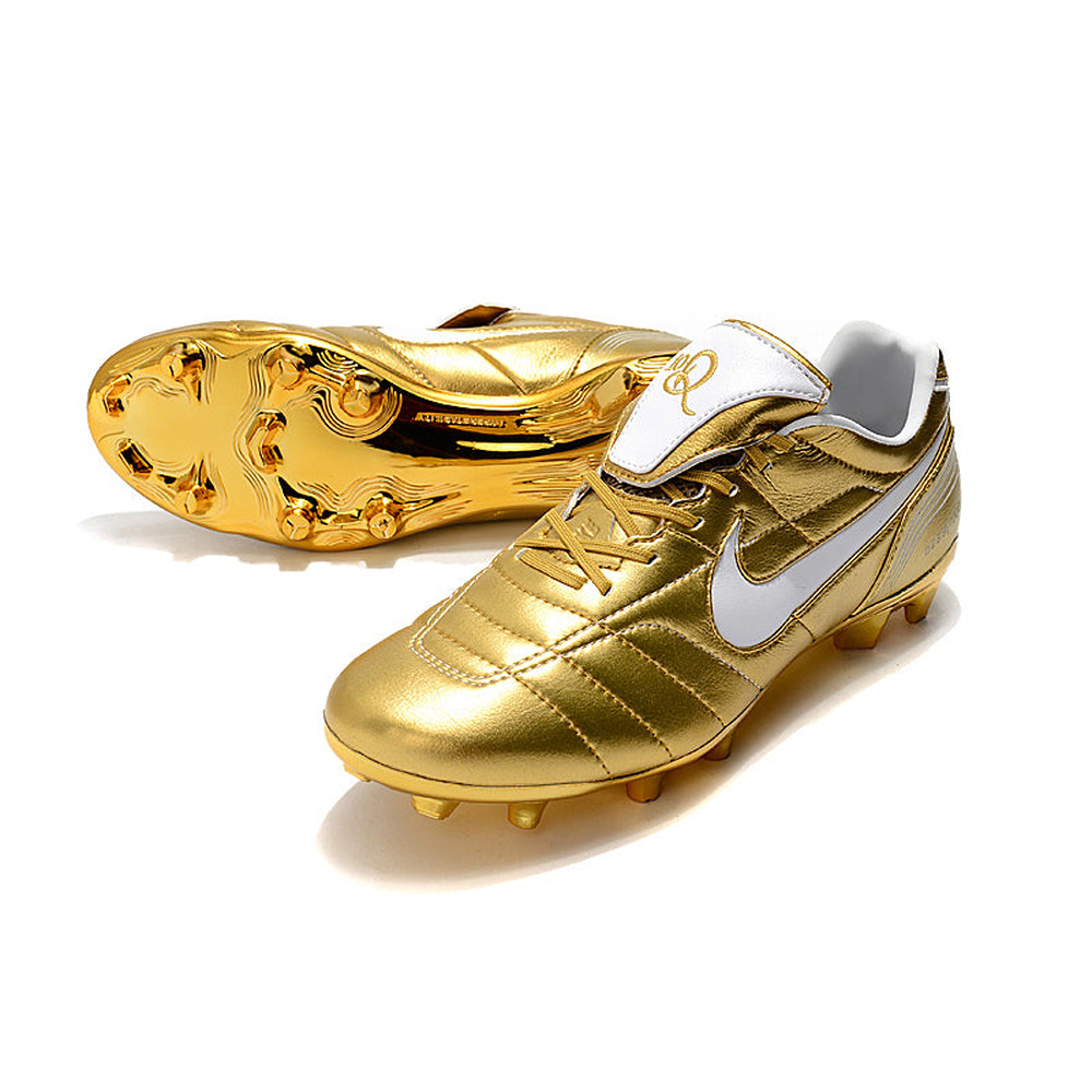 Chuteira Campo Nike Retrô Tiempo Legend 7 Elite FG Dourado e Branco R10