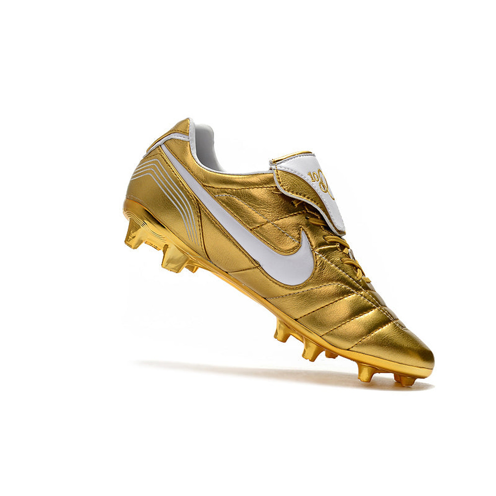 Chuteira Campo Nike Retrô Tiempo Legend 7 Elite FG Dourado e Branco R10