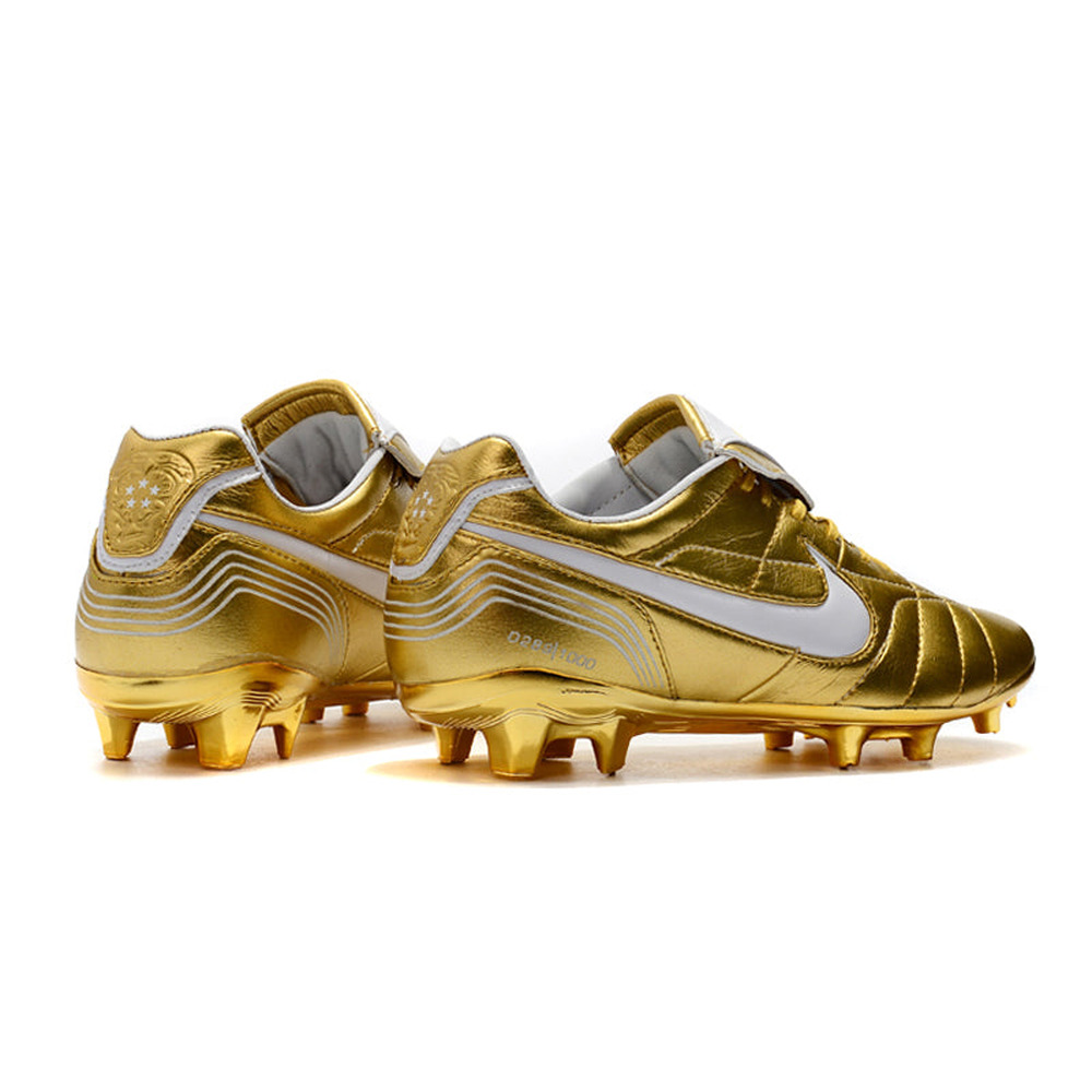 Chuteira Campo Nike Retrô Tiempo Legend 7 Elite FG Dourado e Branco R10