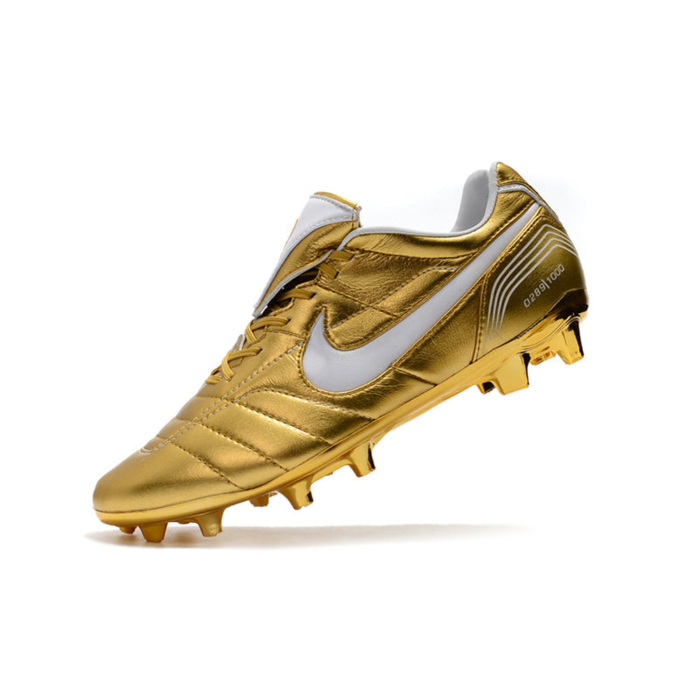 Chuteira Campo Nike Retrô Tiempo Legend 7 Elite FG Dourado e Branco R10