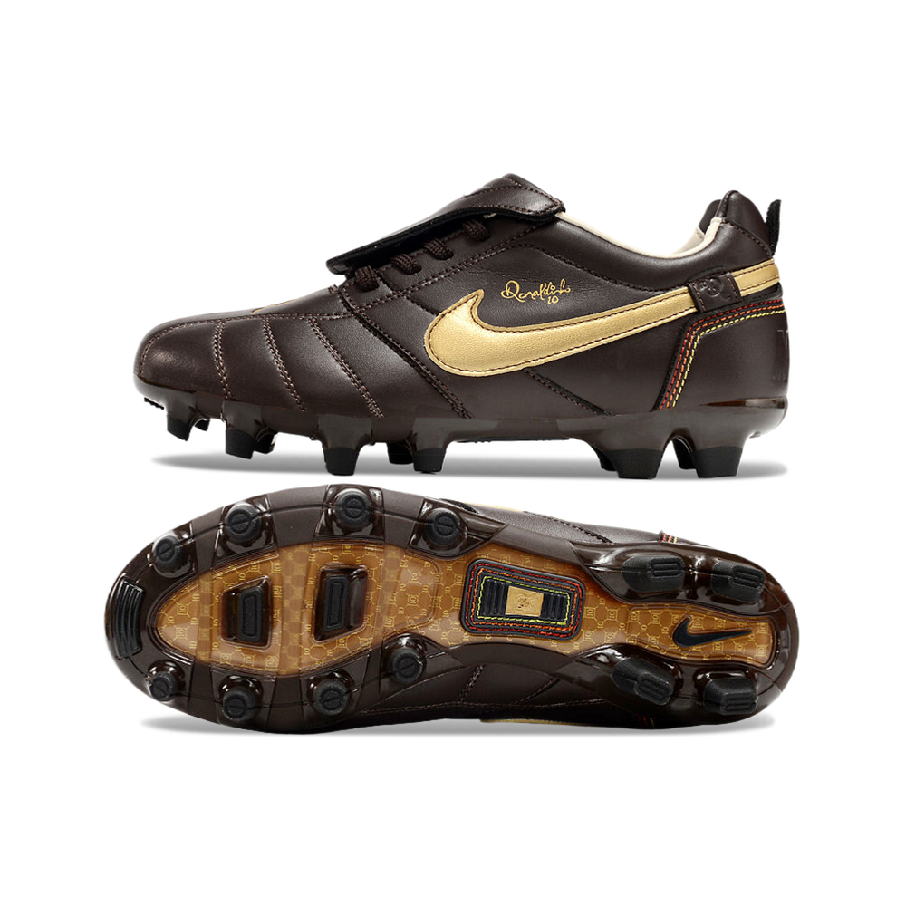 Chuteira Campo Nike Retrô Tiempo Legend R10 Elite Marrom e Dourado